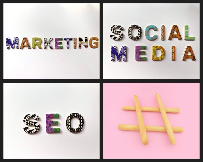 A table of four images showing marketing, social media, SEO and a hashtag