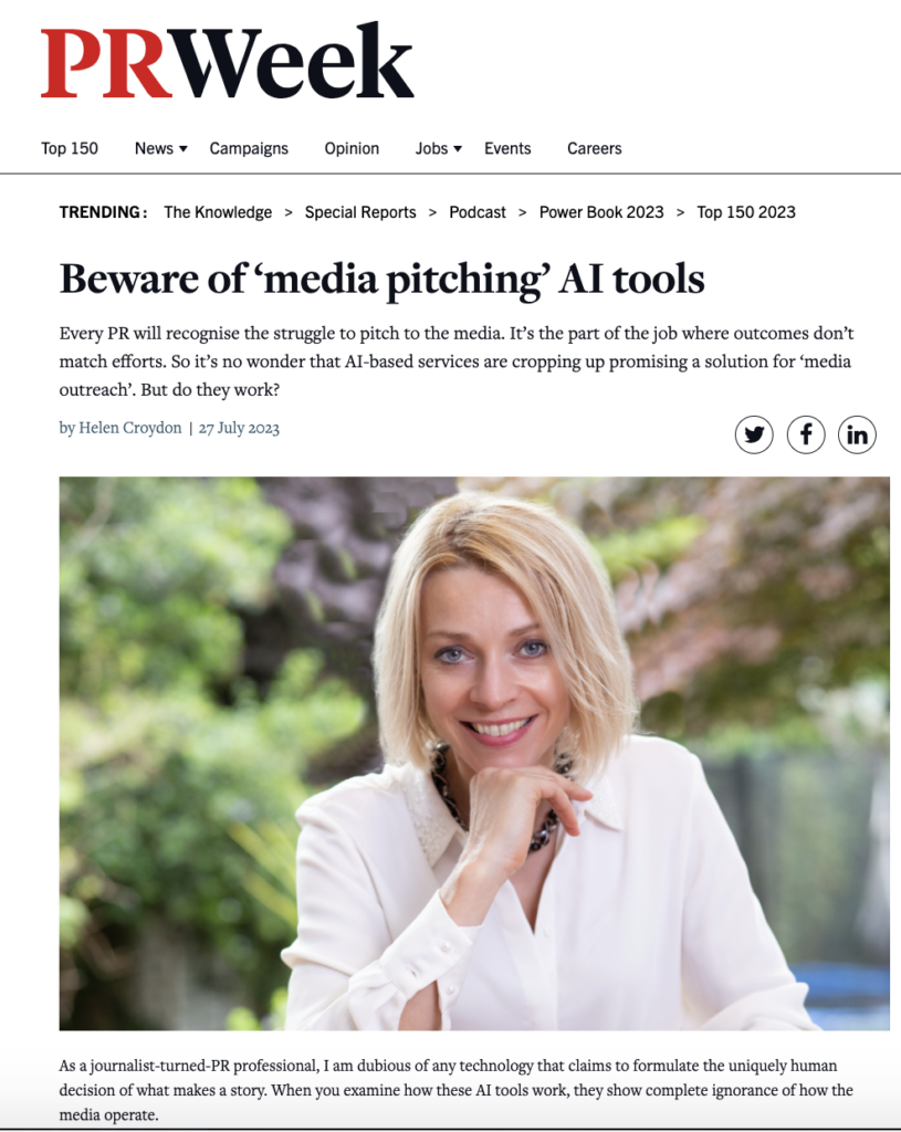 Opinion piece in PR week about AI and media outreach.